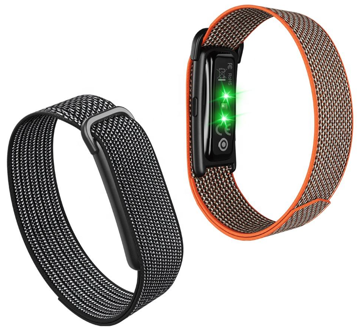 Screenless Smart Health Band - Black and Orange variants with green sensor