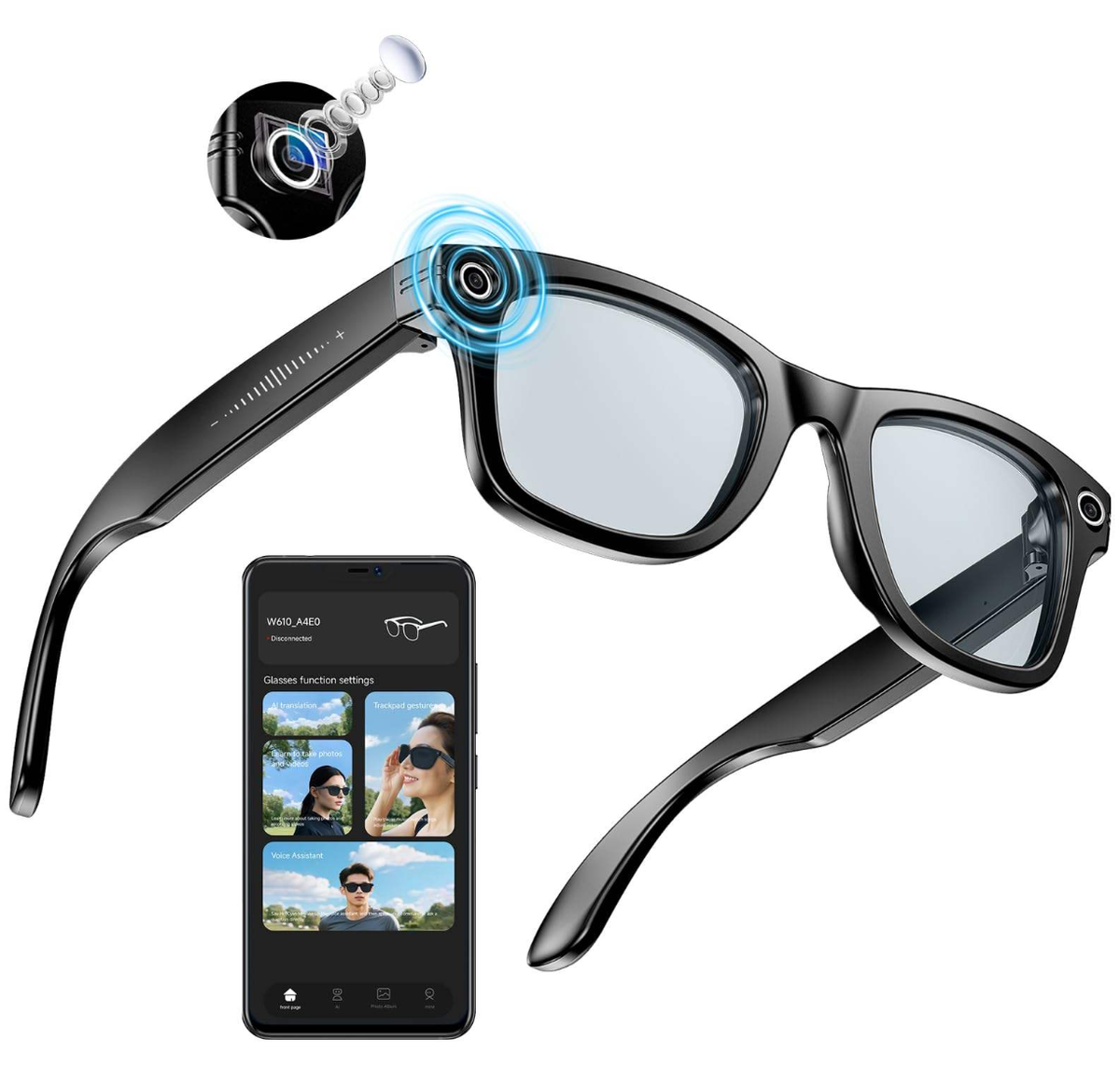 AI Smart Glasses - Front view with camera detail and companion app interface