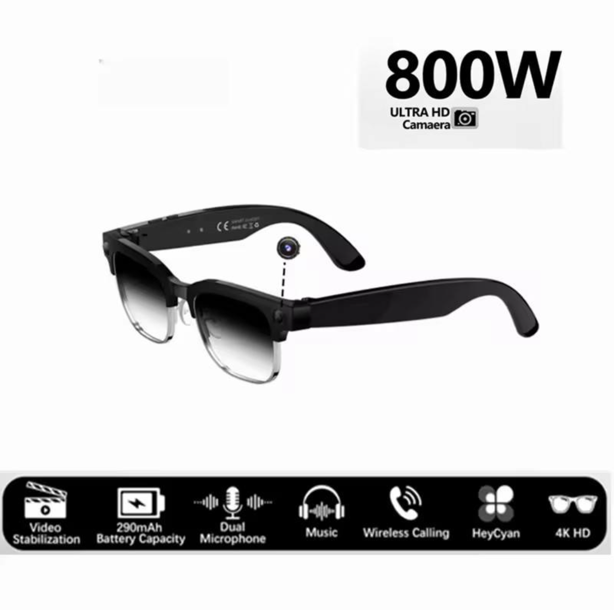 Smart Glasses 800W Ultra HD Camera - Front View with Features