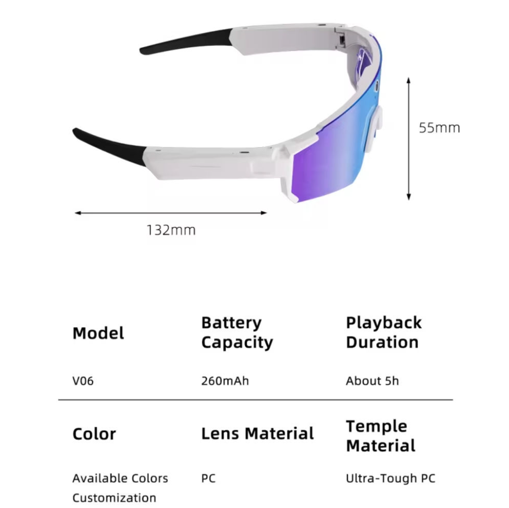 V06 Sports Camera Smart Glasses - Dimensions 132mm x 55mm, specs