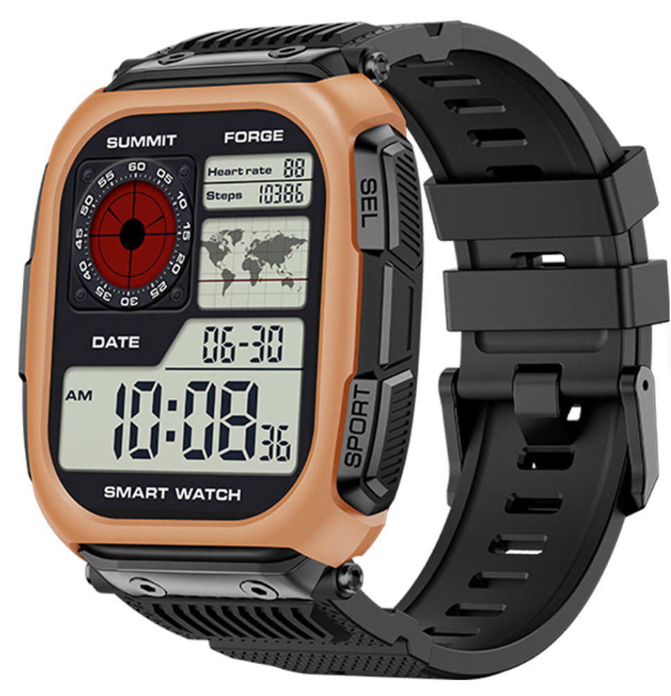 DM66 Smartwatch - Orange variant front view showing compass and heart rate display