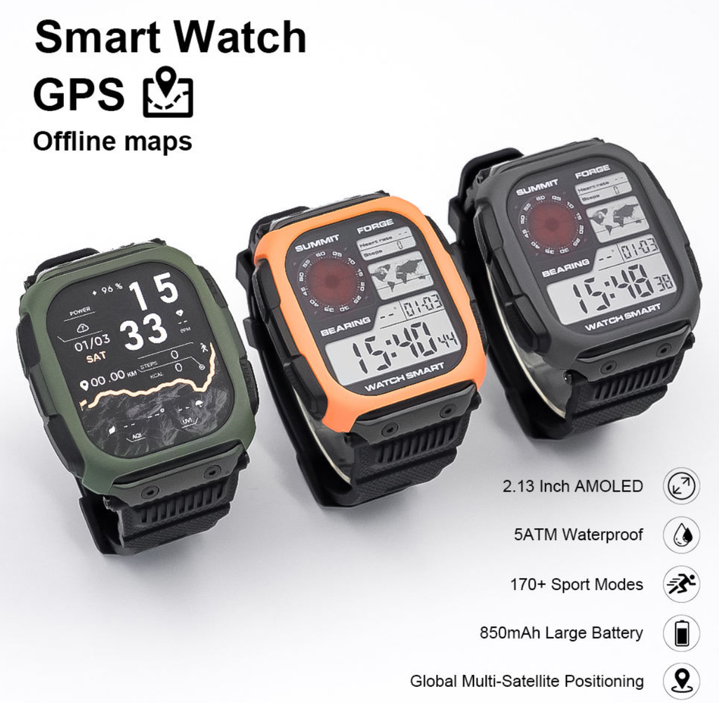 DM66 Smartwatch - Three color variants with GPS and offline maps feature highlights