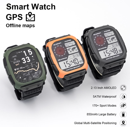 DM66 Smartwatch - Three color variants with GPS and offline maps feature highlights